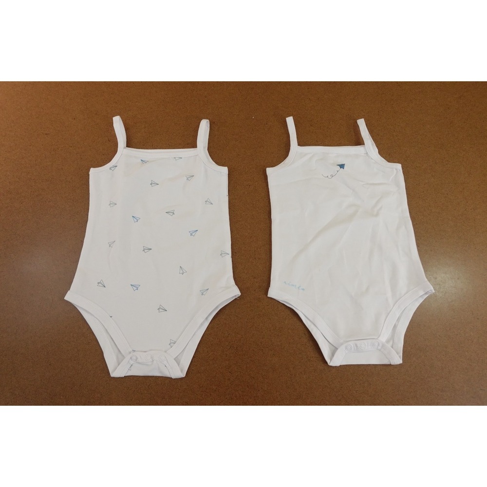 Aime Baby Boy Size 12 Months White Blue Sleeveless Bodysuit 2 Pack NWT